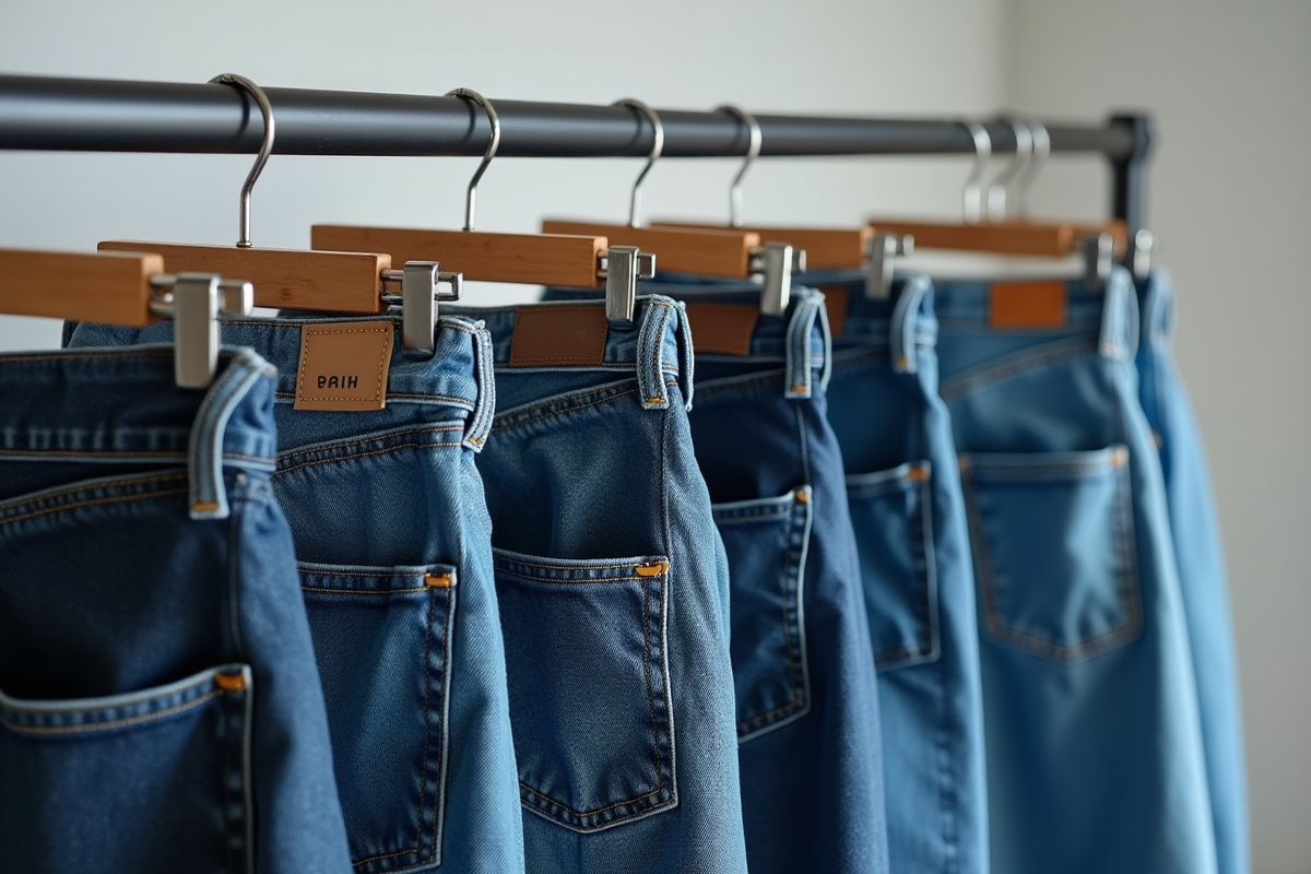 Paires de jeans baggy en différentes tailles sur un portant moderne