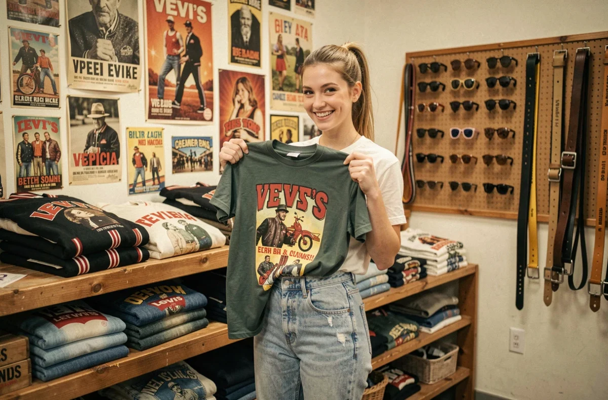 Intérieur de Jet Rag Vintage avec une jeune femme tenant un T-shirt graphique rétro devant un mur décoré d'affiches américaines vintage