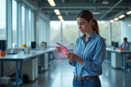 Jeune femme ing&eacute;nieure examinant un textile &eacute;lectronique innovant
