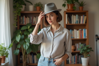 Jeune femme dans un appartement avec chapeau en main