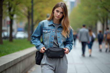 Jeune femme ajustant son sac à dos en ville
