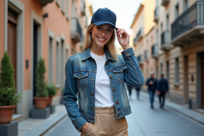 Jeune femme en street style ajustant sa casquette navy