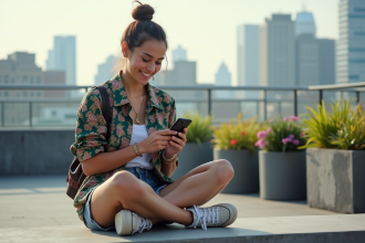 Jeune femme en streetwear créatif sur un rooftop urbain