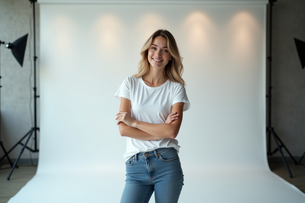 Jeune femme en jeans et T-shirt blanc en studio naturel