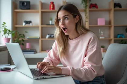 Jeune femme surprise devant son ordinateur dans une chambre moderne