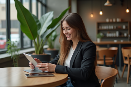 Jeune femme en blazer regardant une tablette futuriste dans un café moderne