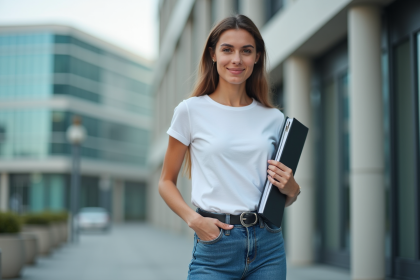 Jeune femme confiante en ville avec portfolio et sourire