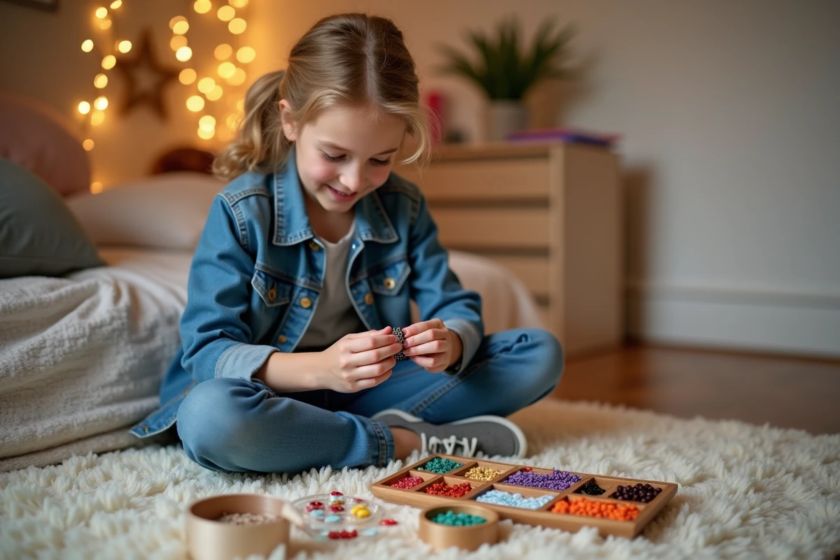 Jeune fille assemblant un bracelet perles et breloques depuis un kit DIY coloré assis sur un tapis dans une chambre