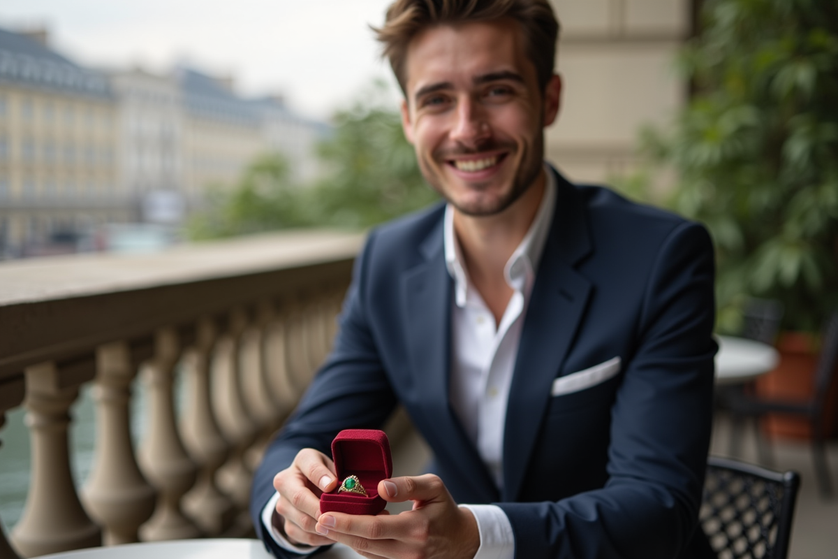 Jeune homme présentant une bague émeraude dans un café parisien