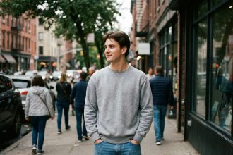 Jeune homme en sweat et jeans dans la ville