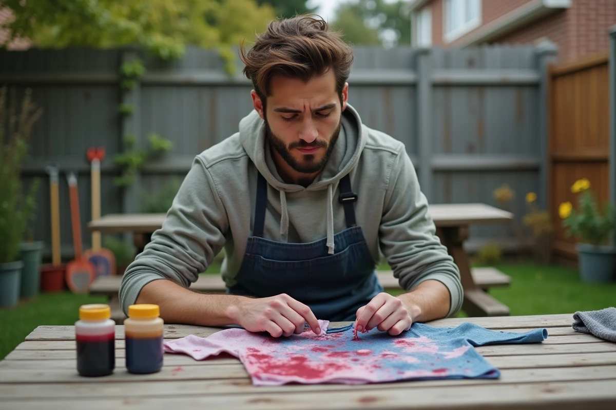 Jeune homme en extérieur testant une teinture sur un T-shirt polyester