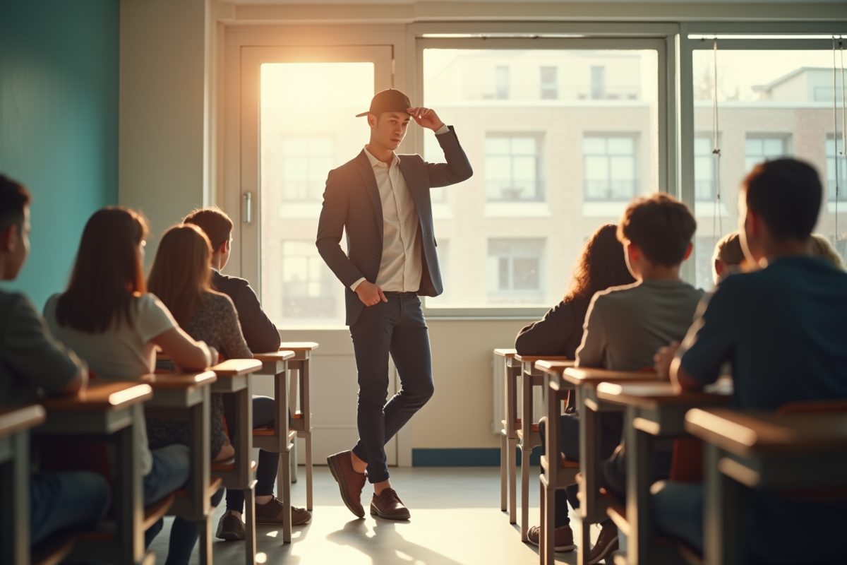 Jeune homme dans une classe moderne retire son chapeau