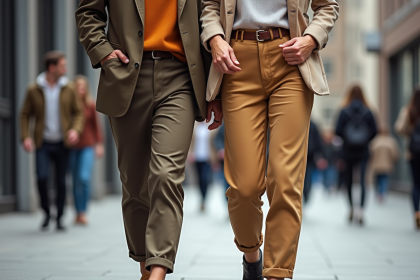 Jeune homme et femme marchant en ville avec pantalons tendance
