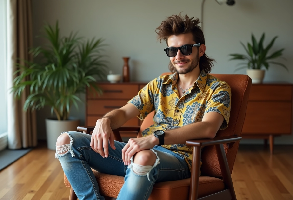 Jeune homme avec mullet en intérieur style vintage