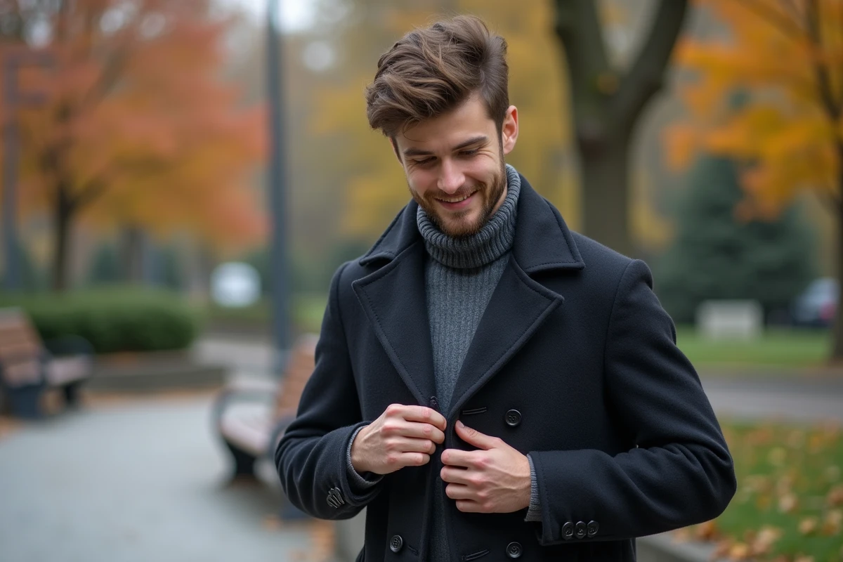 Jeune homme en manteau dans un parc urbain r&eacute;pare une poche