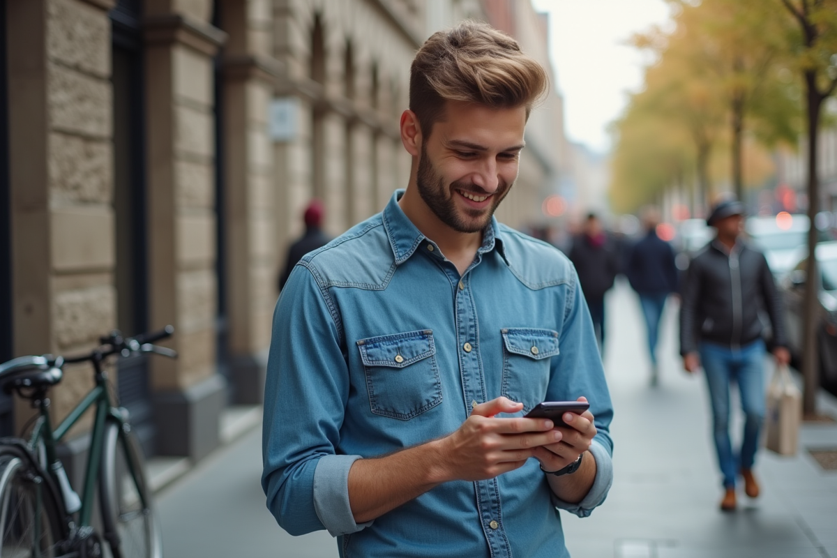Jeune homme sans barbe vérifiant son smartphone en ville