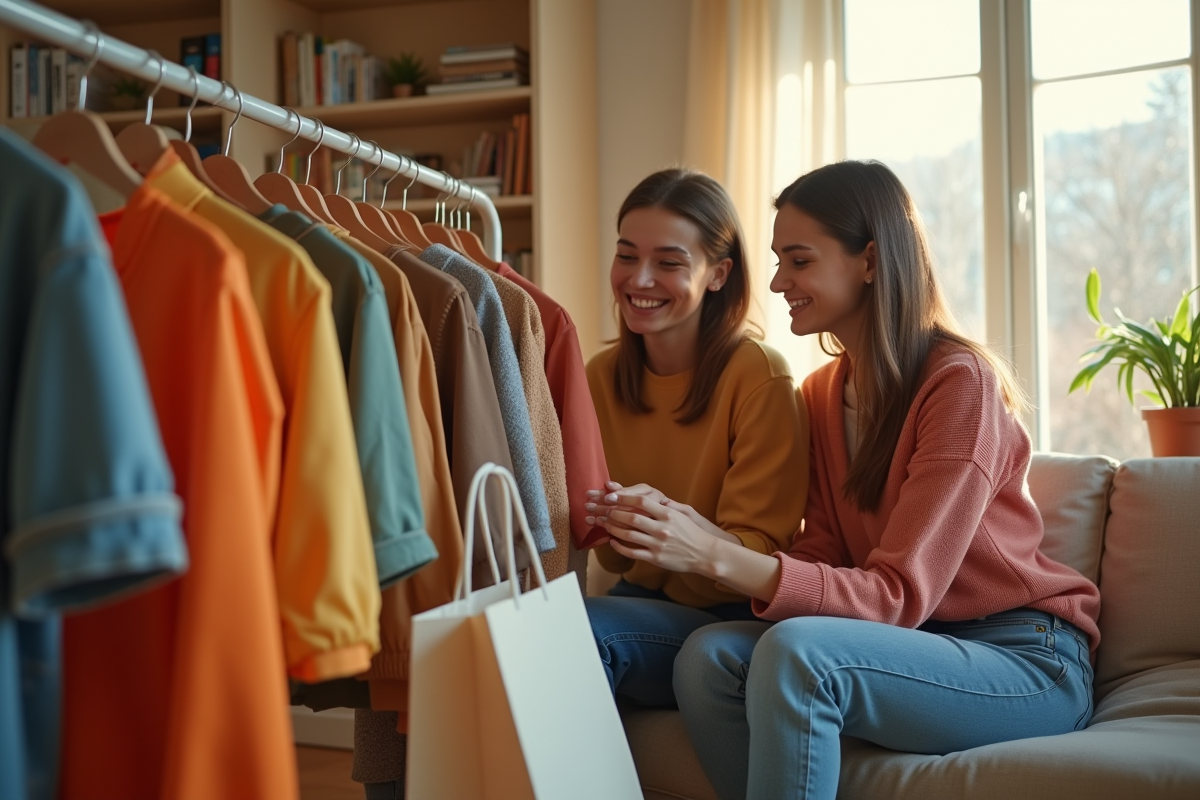 Jeunes souriants parcourant des vêtements colorés dans un salon
