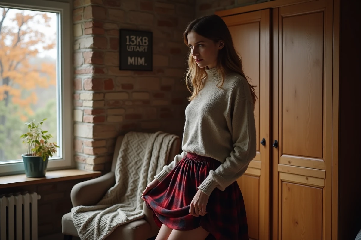 Femme montrant le jupon chaud sous une jupe d'automne dans une chambre cosy avec décoration hivernale