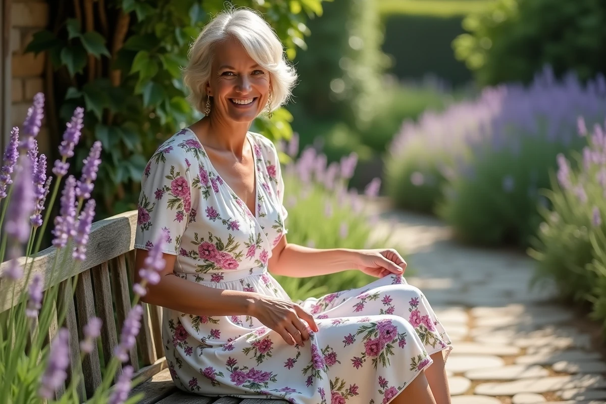 Femme en robe fleurie avec jupon léger d'été assise dans un jardin en fleurs, tenue printanière décontractée