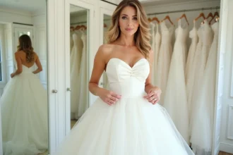 Femme ajustant un jupon pour robe de mariée dans une boutique de robes de mariée, vue en pied avec détails du tulle