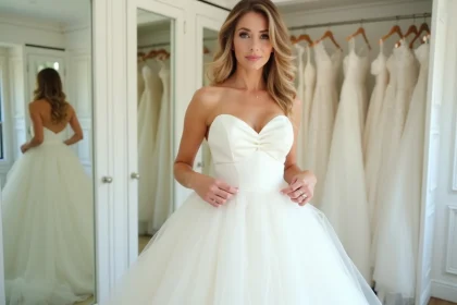 Femme ajustant un jupon pour robe de mariée dans une boutique de robes de mariée, vue en pied avec détails du tulle