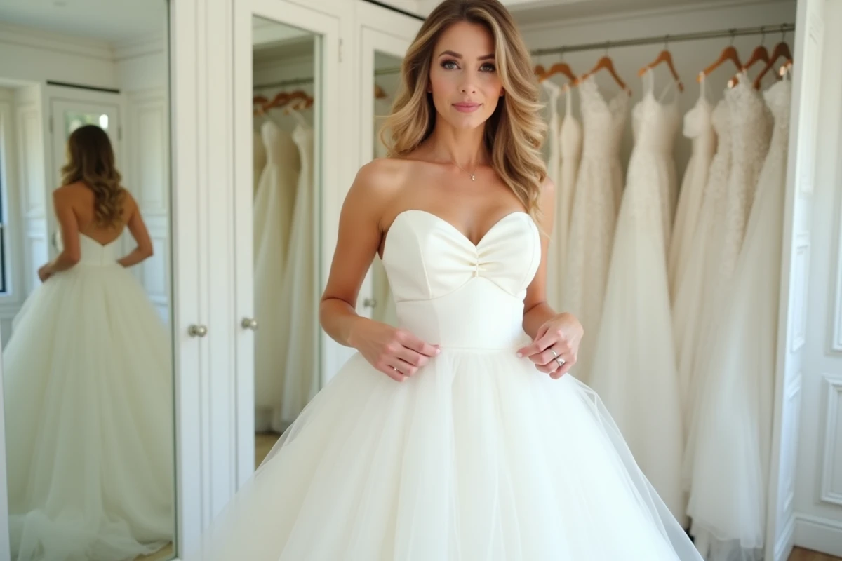 Femme ajustant un jupon pour robe de mariée dans une boutique de robes de mariée, vue en pied avec détails du tulle