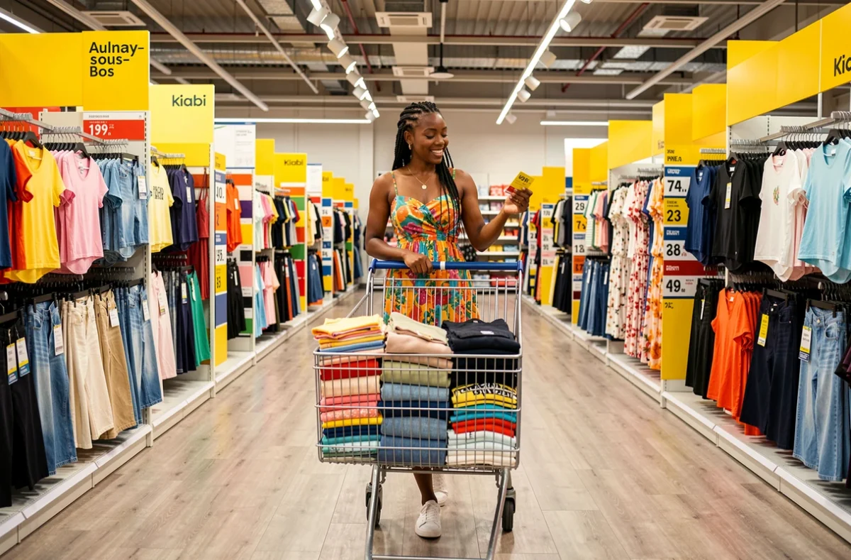Jeune femme faisant ses courses mode au Kiabi d'Aulnay-sous-Bois avec un caddie rempli de vêtements