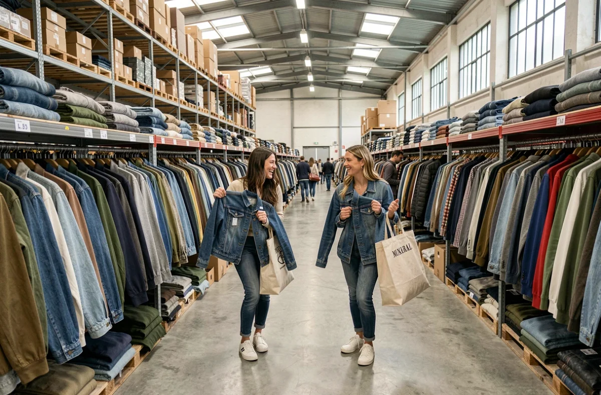 Espace de vente au kilo de Kilostock Montpellier avec deux amies fouillant des portants de vêtements vintage dans un hangar industriel