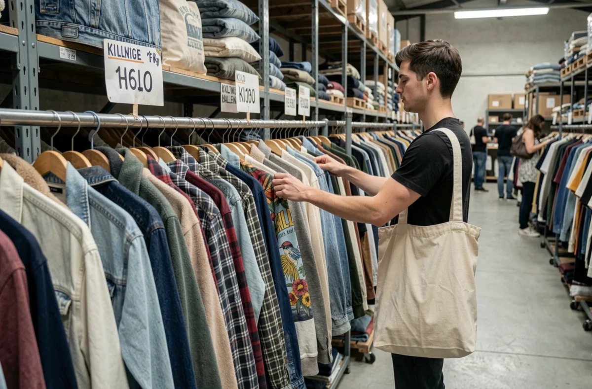 Vente de vêtements vintage au kilo à Kilostock Toulouse avec des portants chargés de pièces colorées dans un grand espace industriel