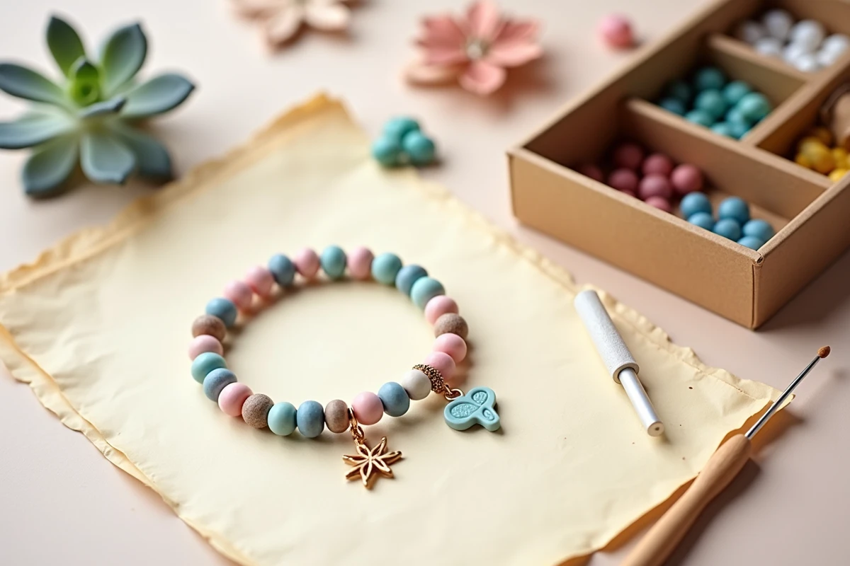 Kit de bracelet perles et breloques déballé avec bracelet fini posé sur papier kraft entouré d'accessoires de création de bijoux