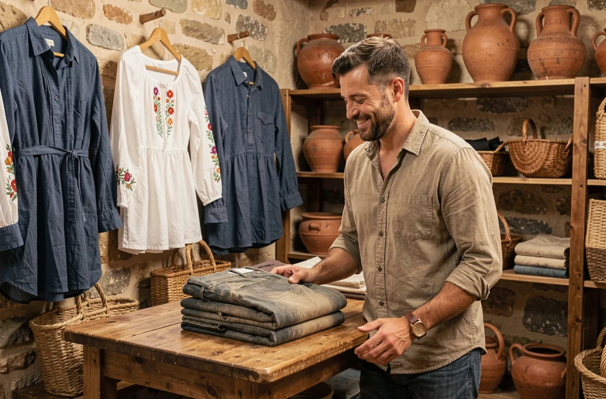 Boutique Lee Berthy avec un homme feuilletant des vêtements vintage dans un espace aux murs en pierre brute et au décor artisanal du sud de la France