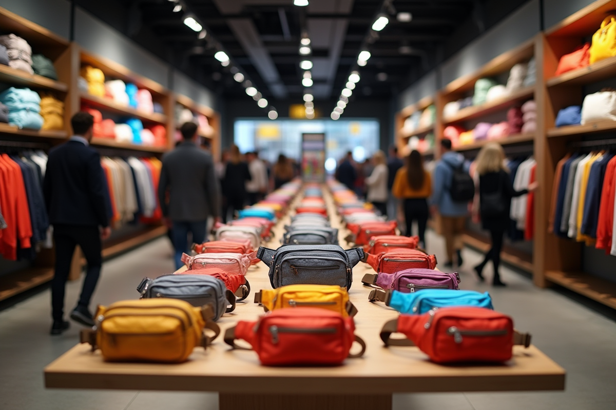 Magasin de vetements avec display de sacs banane colorés