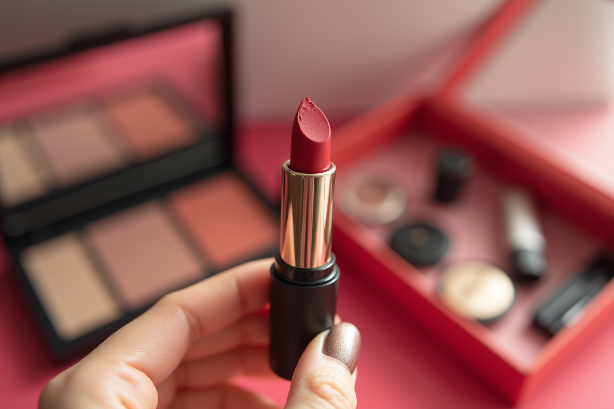 Main tenant un rouge à lèvres cassé avec maquillage en arrière-plan