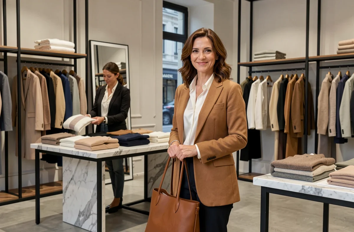 Cliente dans la boutique Maison 123 du centre commercial Rosny 2 portant un blazer structuré