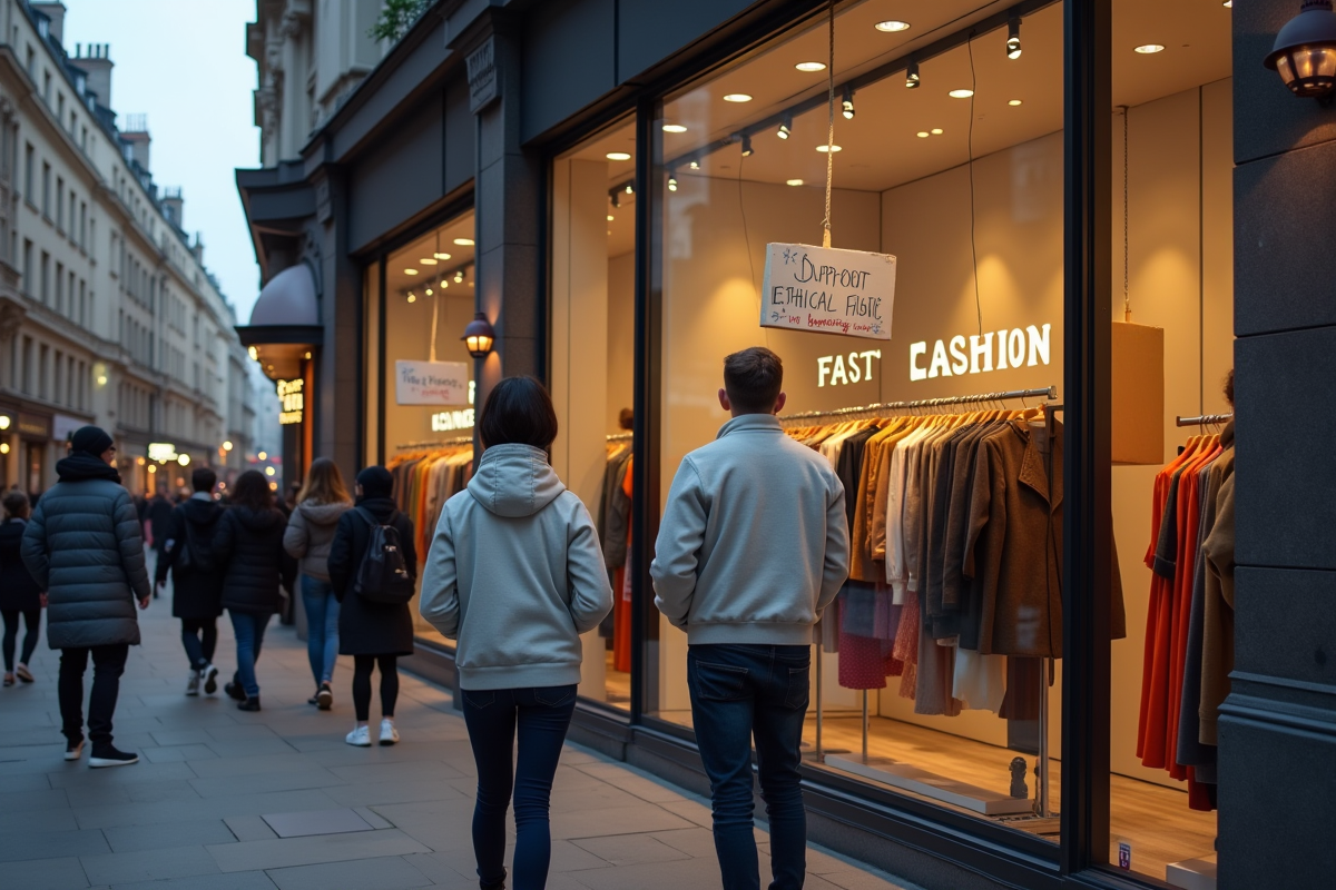 Manifestation pour la mode éthique devant un magasin de fast fashion