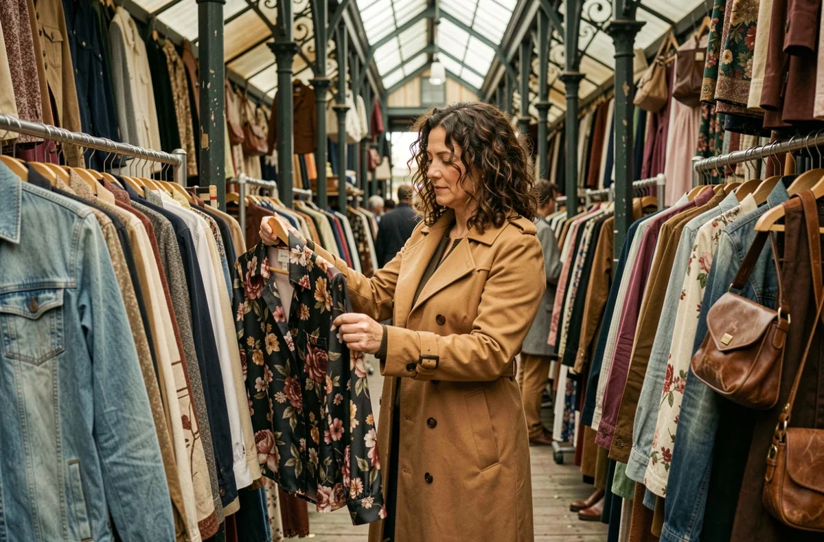 Femme explorant les étals de vêtements vintage au Marché aux Puces de Saint-Ouen