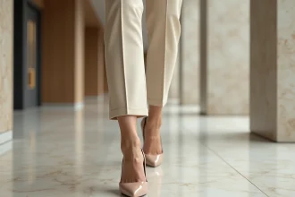 Femme marchant avec des talons beige dans un couloir de bureau moderne, posture équilibrée et démarche naturelle conseillée par les podologues