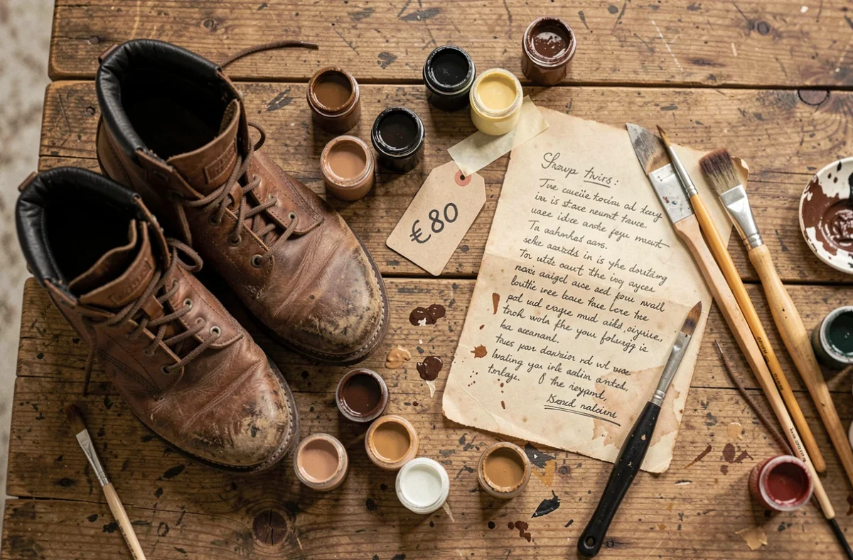 Vue de dessus des matériaux et outils nécessaires à la peinture sur chaussures avec devis manuscrit et étiquette de prix