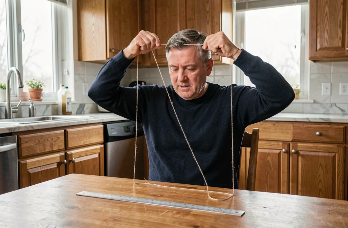 Homme mesurant son tour de tête avec une ficelle et une règle posée sur une table de cuisine