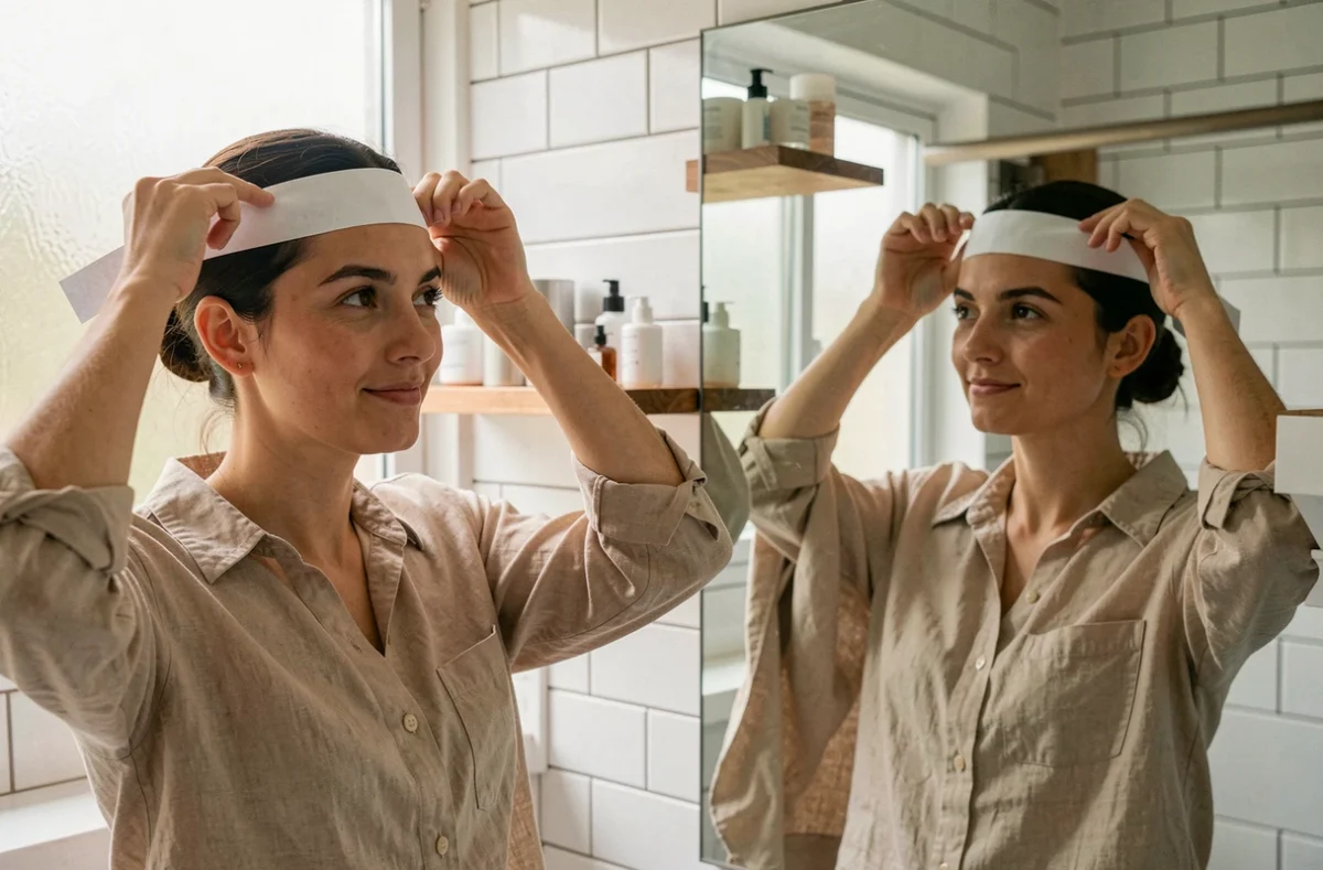 Femme mesurant son tour de tête avec une bandelette de papier devant un miroir de salle de bain