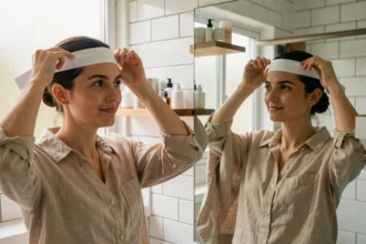 Femme mesurant son tour de tête avec une bandelette de papier devant un miroir de salle de bain