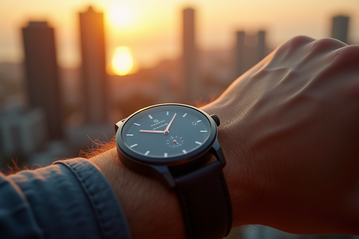 Poignet avec montre sophistiquée en plein air lors du coucher de soleil