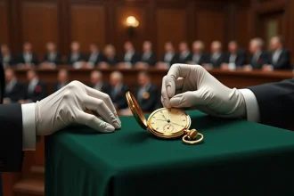 Montre de poche vintage en or examinée à la loupe lors d'une vente aux enchères de prestige