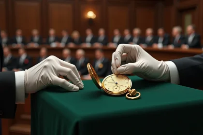 Montre de poche vintage en or examinée à la loupe lors d'une vente aux enchères de prestige