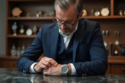 Homme en costume navy posant une montre de luxe dans un atelier