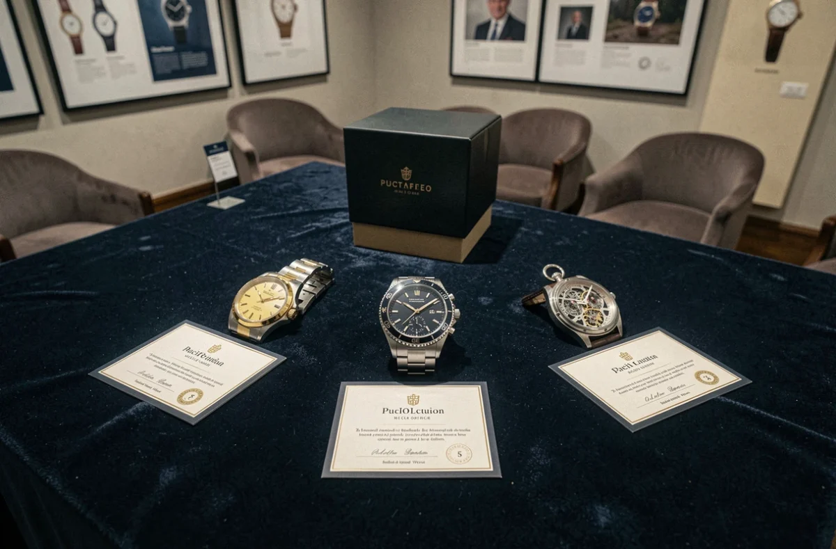 Trois montres de luxe en flat lay sur velours marine lors d'une vente aux enchères horlogère