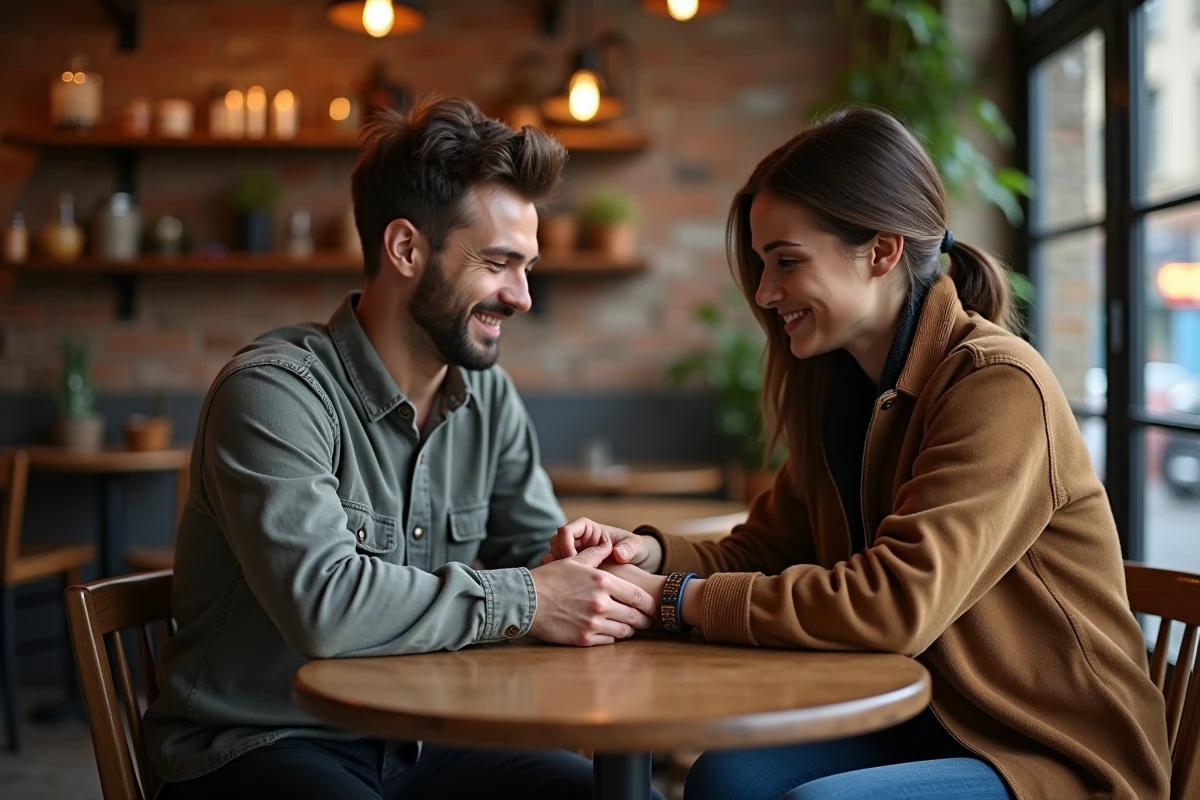 Couple échangeant un bracelet en cuir personnalisé comme cadeau dans un café rustique, moment émotionnel et authentique