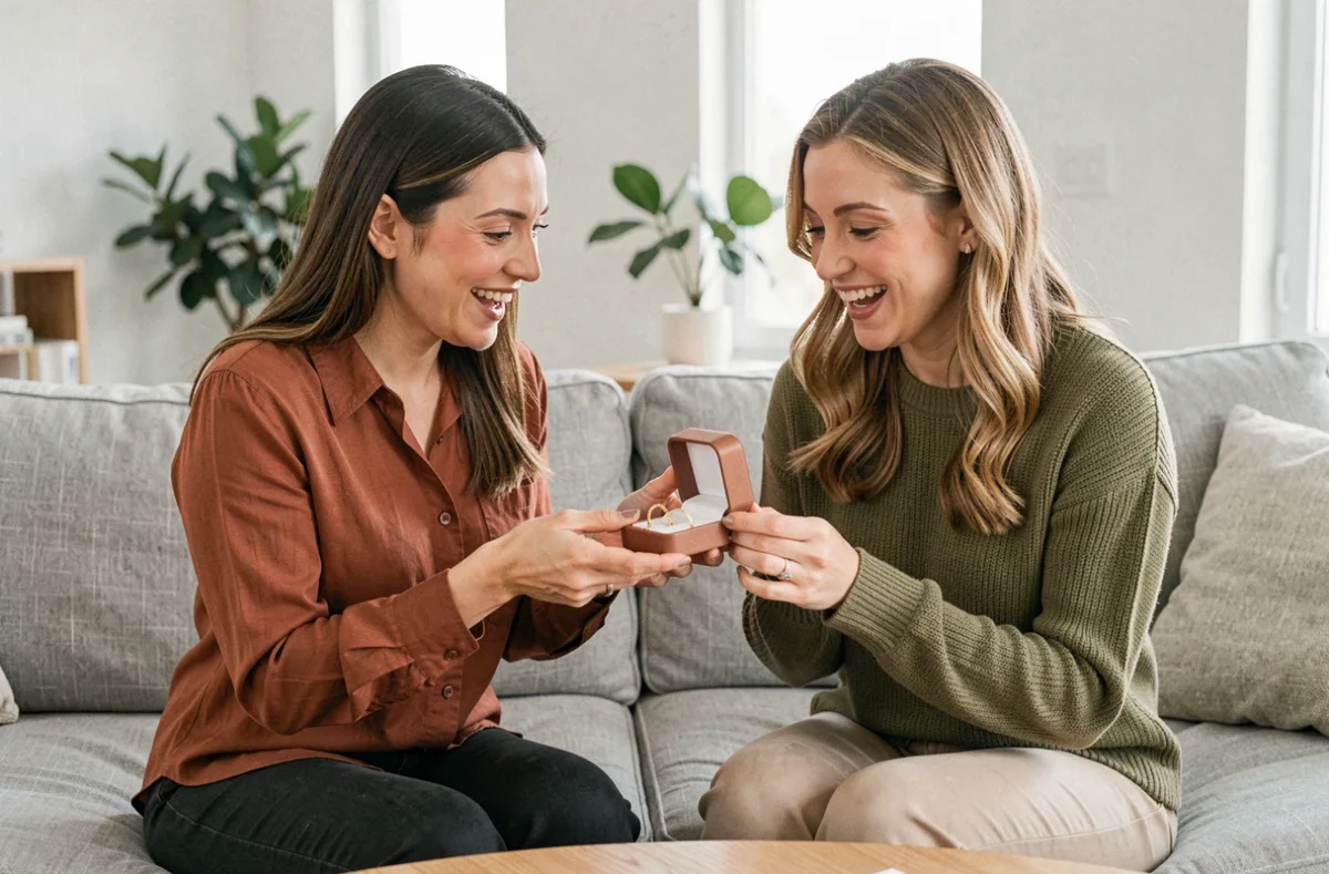 Deux femmes partageant l'émotion d'un cadeau de gourmette personnalisée dans un salon moderne