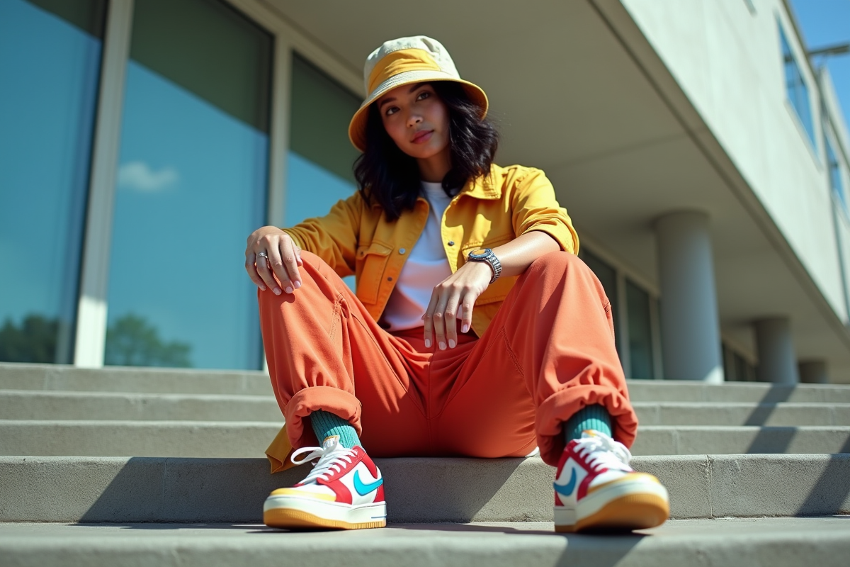 Personne en pantalon vintage et baskets colorées