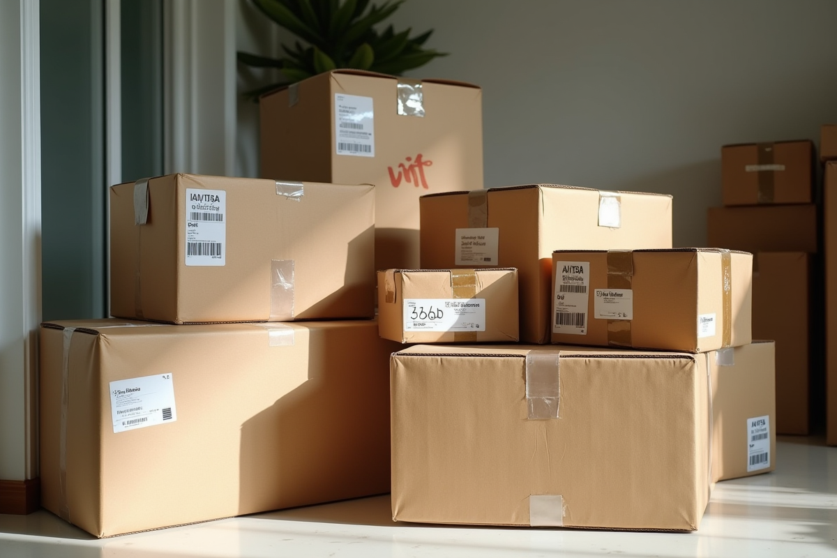 Paquets Vinted empiles avec étiquettes dans une entrée lumineuse